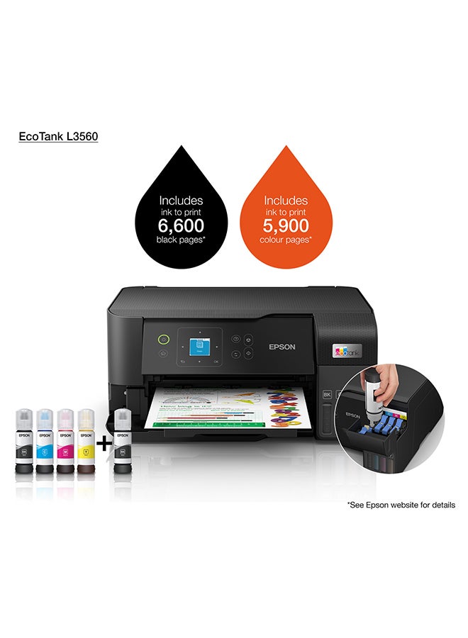 EcoTank L3560 Home Ink Tank Printer, High-speed A4 colour 3-in-1 printer with Wi-Fi Direct, Photo Printer, with Smart App connectivity Black