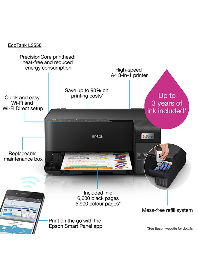 EcoTank L3560 Home Ink Tank Printer, High-speed A4 colour 3-in-1 printer with Wi-Fi Direct, Photo Printer, with Smart App connectivity Black