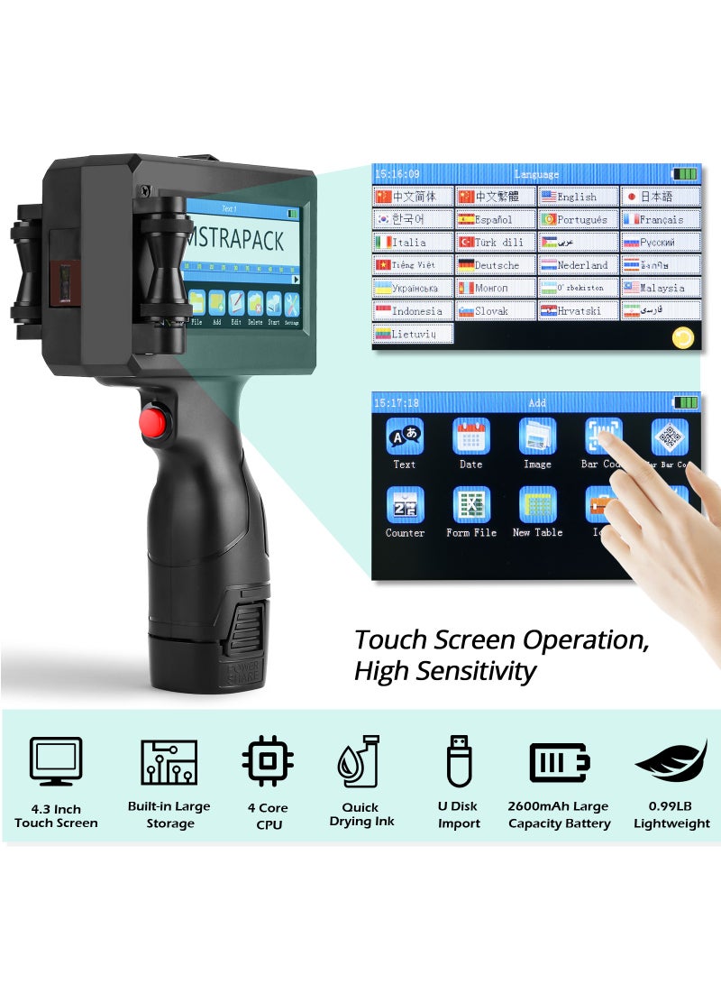 Portable 12.7mm Handheld Inkjet Printer QR Barcode Batch Number Logo Expiry Date Label Printer Gun 25 Languages Non-encrypted