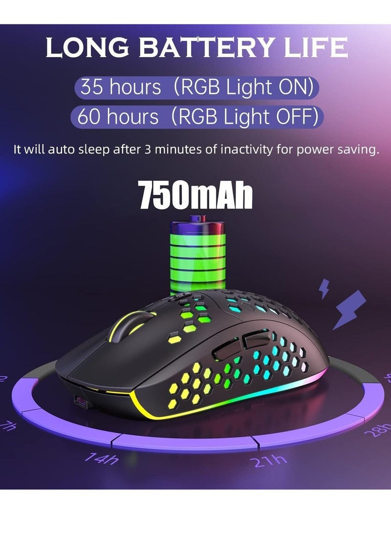 Lightweight Wireless Gaming Mouse, WM-08 Rechargeable Computer Mouse with Honeycomb Shell, 11 Led Light Modes, 4 Adjustable DPI, 2.4GHz Wireless RGB Mouse