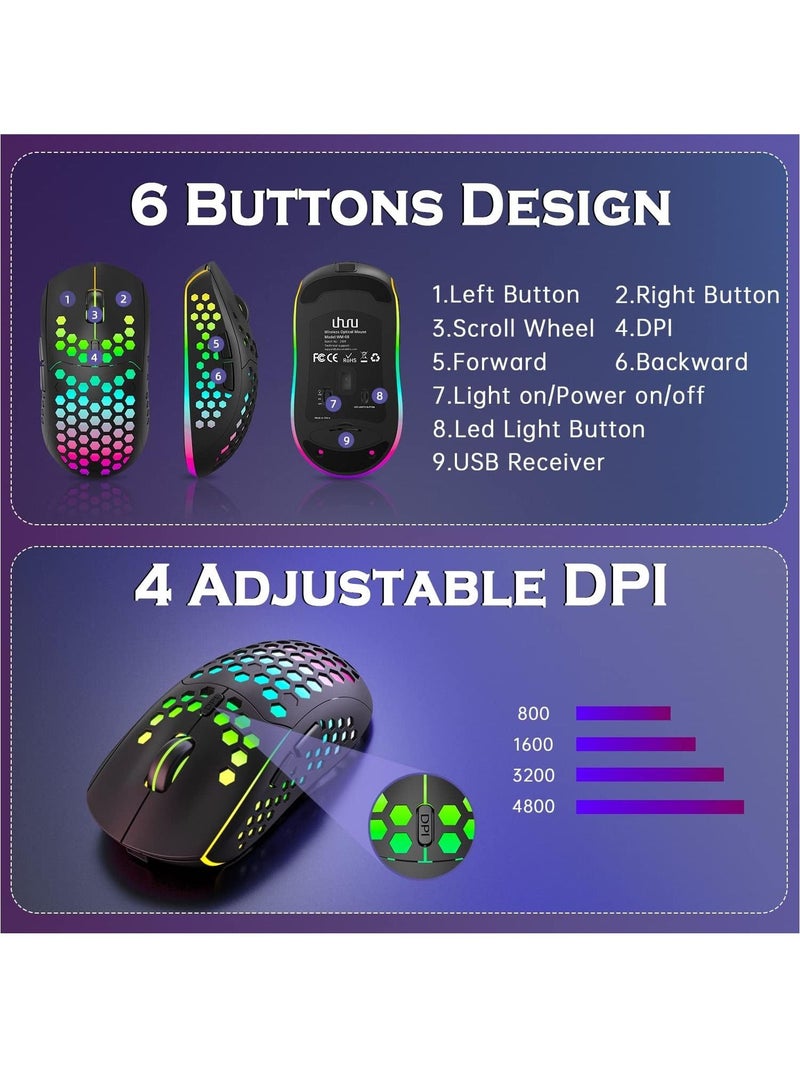 Lightweight Wireless Gaming Mouse, WM-08 Rechargeable Computer Mouse with Honeycomb Shell, 11 Led Light Modes, 4 Adjustable DPI, 2.4GHz Wireless RGB Mouse