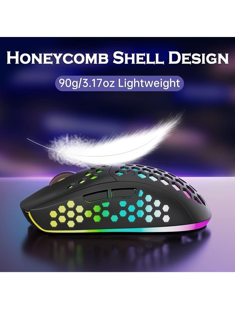 Lightweight Wireless Gaming Mouse, WM-08 Rechargeable Computer Mouse with Honeycomb Shell, 11 Led Light Modes, 4 Adjustable DPI, 2.4GHz Wireless RGB Mouse