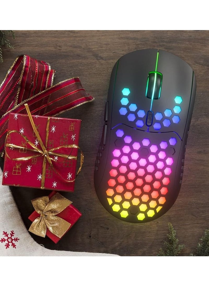 Lightweight Wireless Gaming Mouse, WM-08 Rechargeable Computer Mouse with Honeycomb Shell, 11 Led Light Modes, 4 Adjustable DPI, 2.4GHz Wireless RGB Mouse