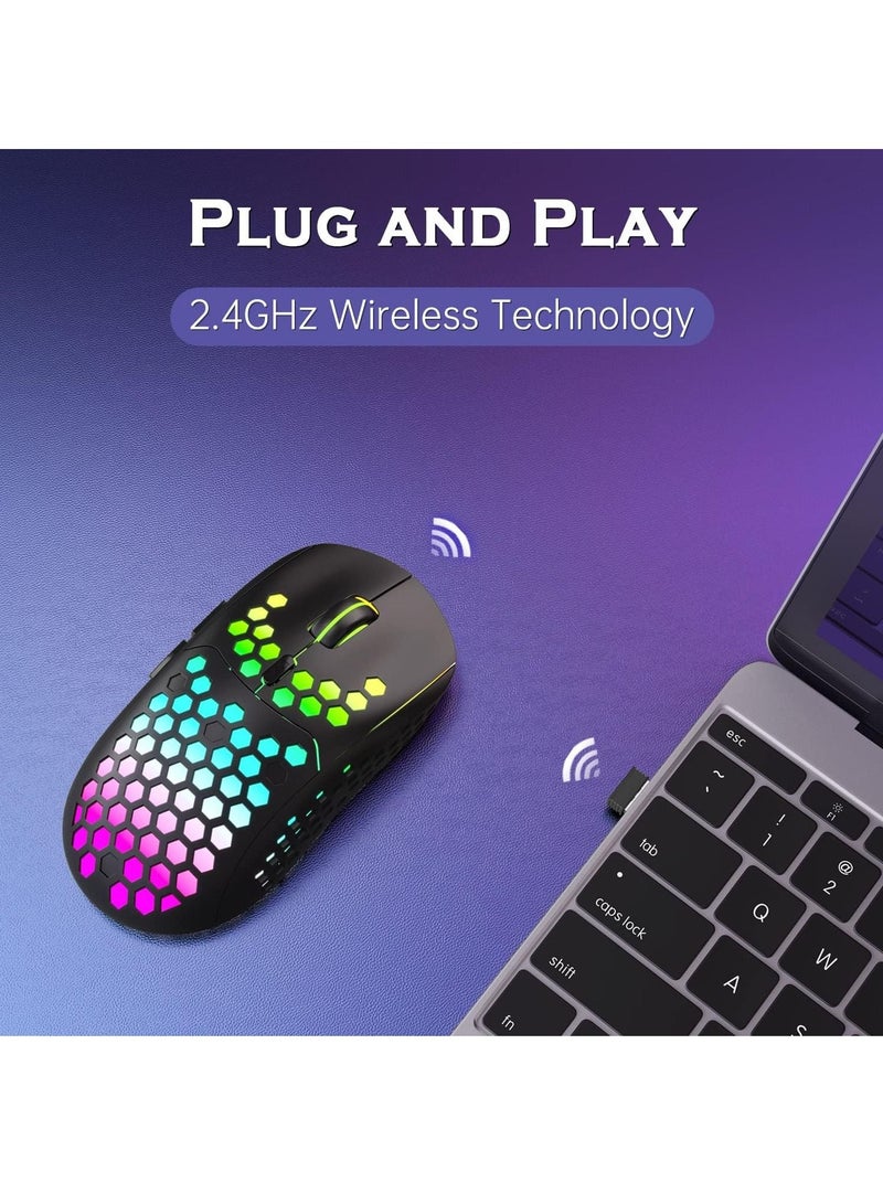 Lightweight Wireless Gaming Mouse, WM-08 Rechargeable Computer Mouse with Honeycomb Shell, 11 Led Light Modes, 4 Adjustable DPI, 2.4GHz Wireless RGB Mouse