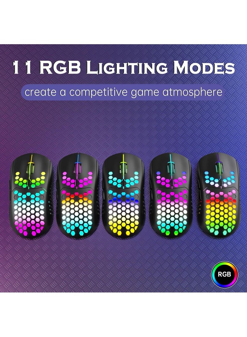 Lightweight Wireless Gaming Mouse, WM-08 Rechargeable Computer Mouse with Honeycomb Shell, 11 Led Light Modes, 4 Adjustable DPI, 2.4GHz Wireless RGB Mouse