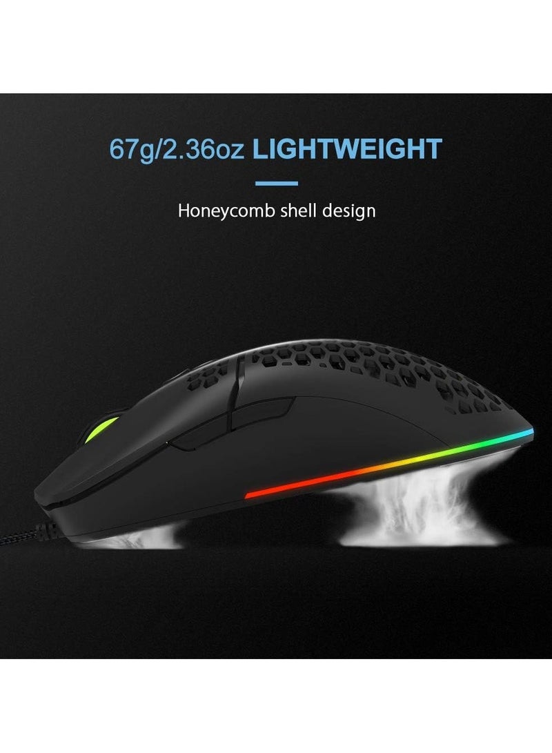 Wired Lightweight Gaming Mouse with 7200DPI 1000Hz Polling Rate RGB Backlit