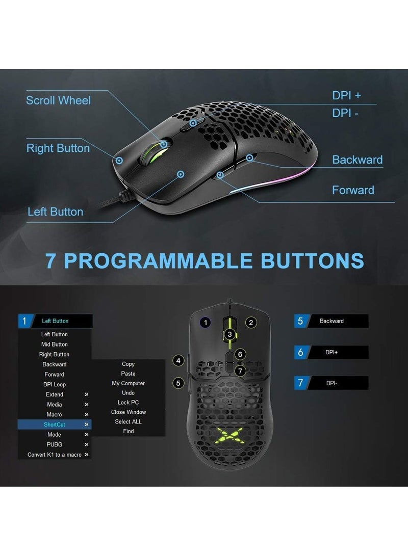 Wired Lightweight Gaming Mouse with 7200DPI 1000Hz Polling Rate RGB Backlit