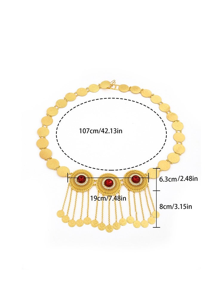 MANDI retro light luxury red stone rhinestone inlaid tassel gold-plated pendant necklace is suitable for women's daily wear during festivals