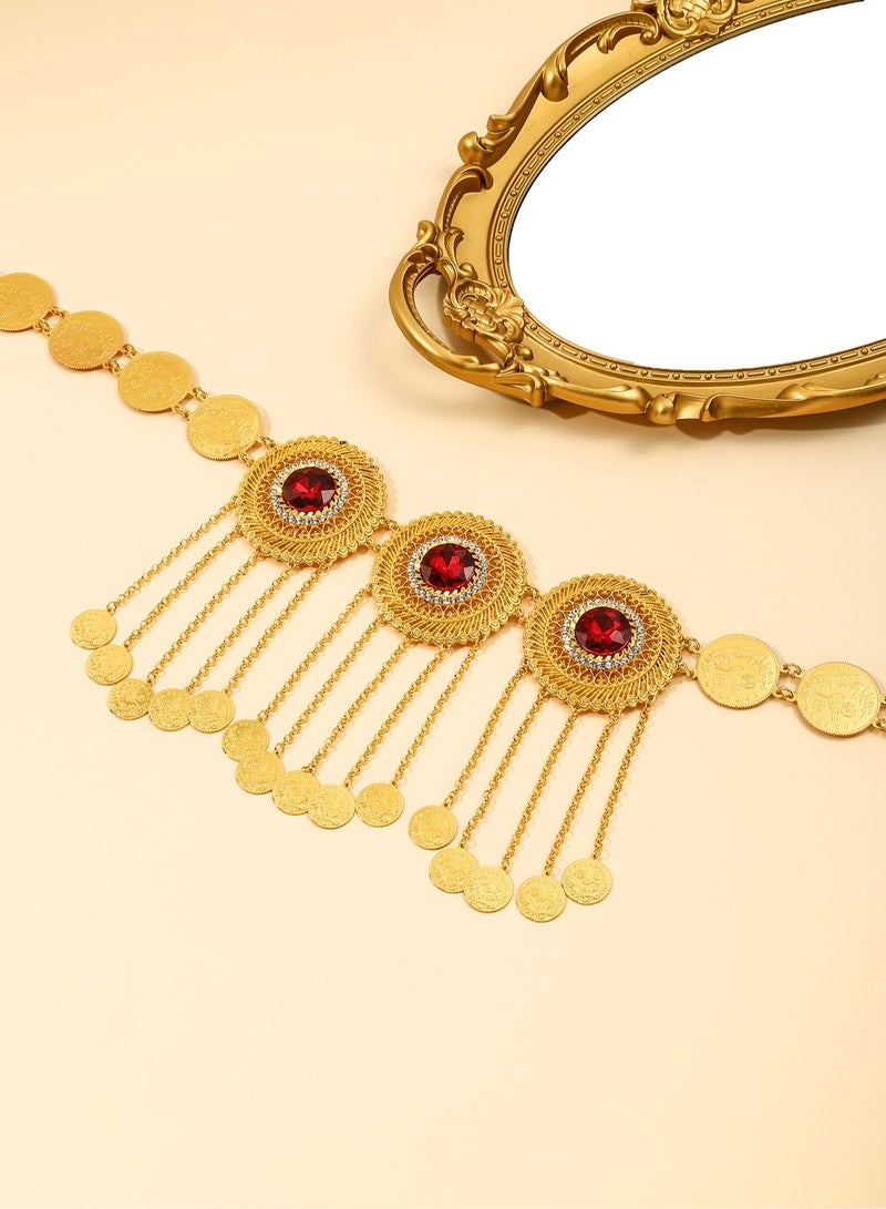 MANDI retro light luxury red stone rhinestone inlaid tassel gold-plated pendant necklace is suitable for women's daily wear during festivals