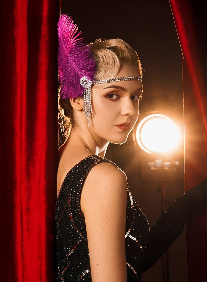 1920's Flapper Headband, Great Gatsby Inspired Feather Headpiece 20s Art Deco Hair Accessories, Purple