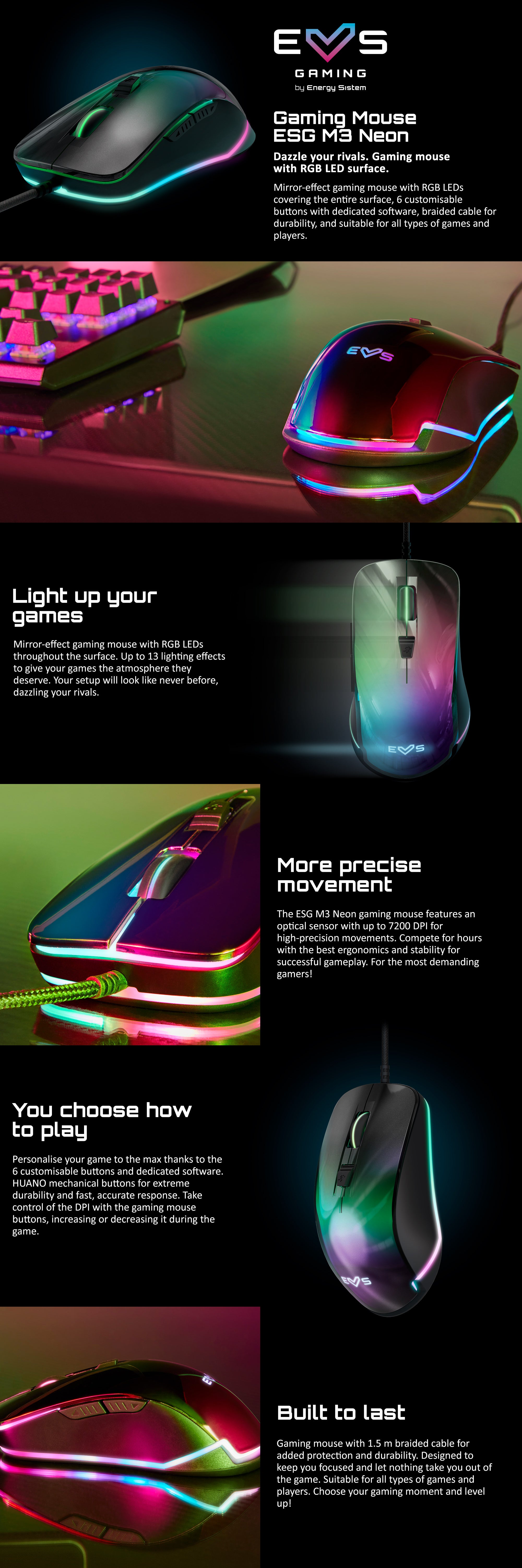 ES Gaming Mouse ESG M3 Neon Mouse Gamer (Mirror Effect, USB Braided Cable, RGB LED Light, 7200 dpi)