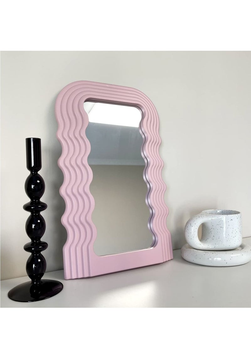 COOLBABY Wave Pattern Irregular Makeup Mirror Tabletop Vanity Mirror Cosmetic Desktop Mirror Hanging Pink