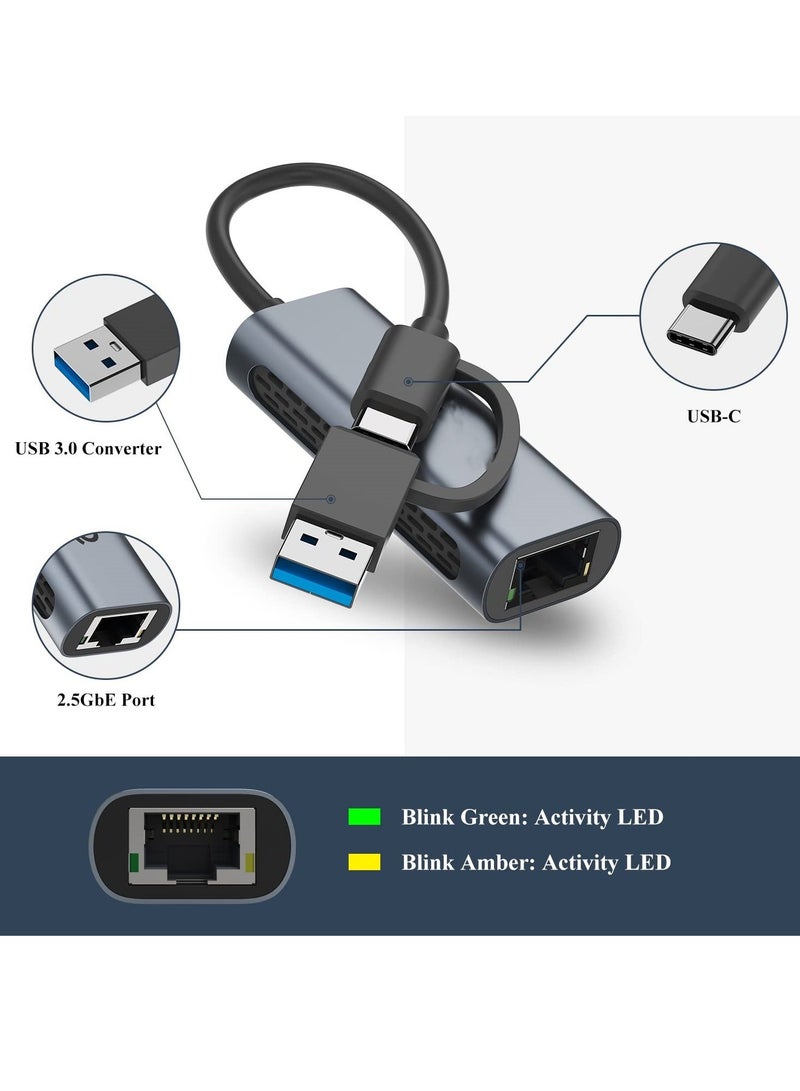 USB to 2.5G Ethernet Adapter, 2-in-1 USB C/USB 3.0 Ethernet Adapter for Laptop Compatible, USB-C to RJ45 Network Converter, Thunderbolt 4/3 Compatible, for Windows, Mac OS, iPad OS and More