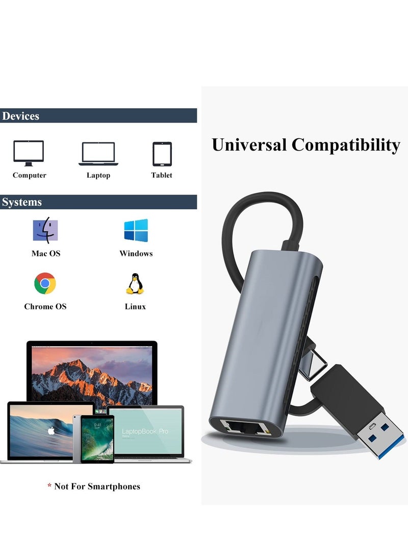 USB to 2.5G Ethernet Adapter, 2-in-1 USB C/USB 3.0 Ethernet Adapter for Laptop Compatible, USB-C to RJ45 Network Converter, Thunderbolt 4/3 Compatible, for Windows, Mac OS, iPad OS and More