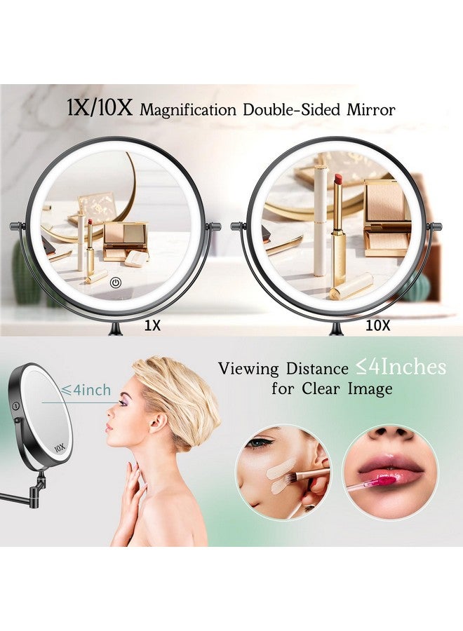 Rechargeable Wall Mounted Makeup Mirror With Lightsfuntouch 8 Inch Lighted 1X10X Magnifying Wall Mirror For Bathroomwall Mount Mirror With Extended Arm3Color Lightingtouch Screen Dimming360 Swivel