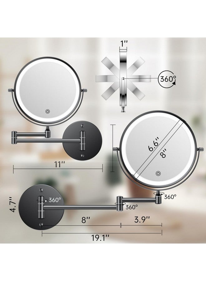 Rechargeable Wall Mounted Makeup Mirror With Lightsfuntouch 8 Inch Lighted 1X10X Magnifying Wall Mirror For Bathroomwall Mount Mirror With Extended Arm3Color Lightingtouch Screen Dimming360 Swivel