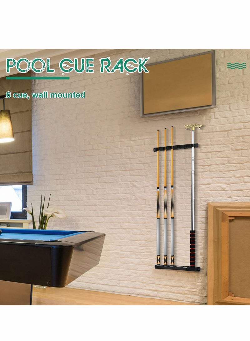 Pool Cue Rack, Wall Mounted Stick Holder with EVA Clip, Plastic Billiard Accessories for Game Room Clubs Players(Black, 6 Cues)