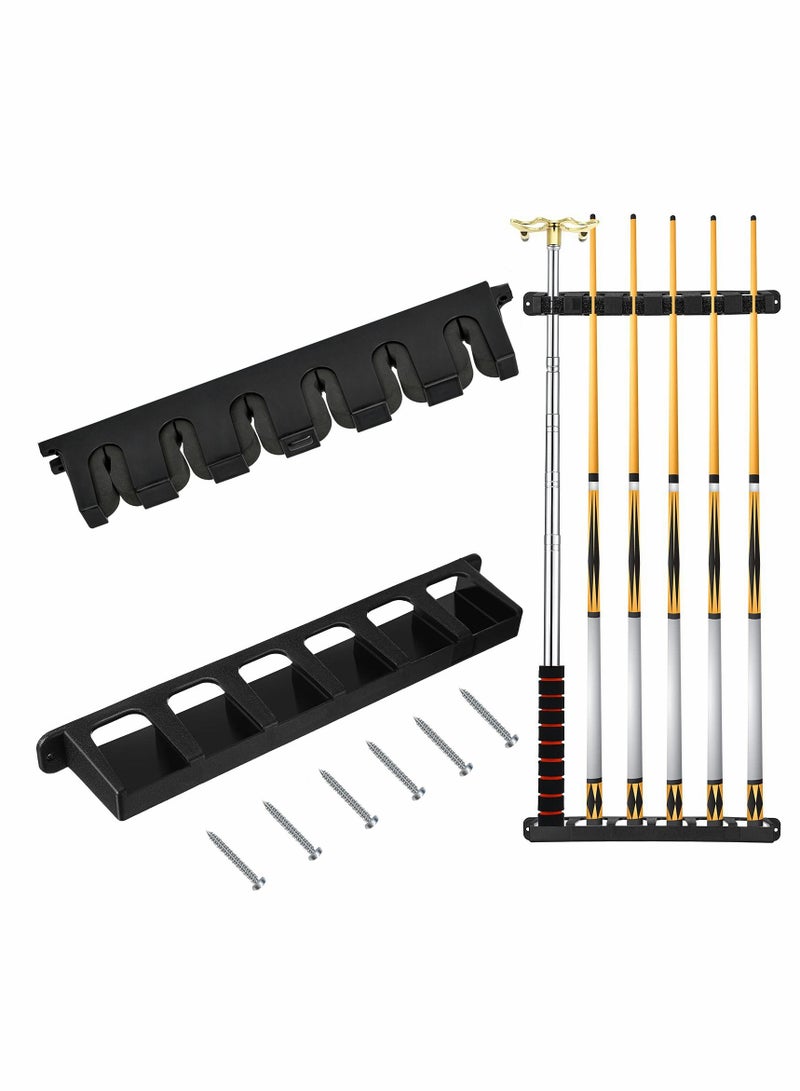 Pool Cue Rack, Wall Mounted Stick Holder with EVA Clip, Plastic Billiard Accessories for Game Room Clubs Players(Black, 6 Cues)