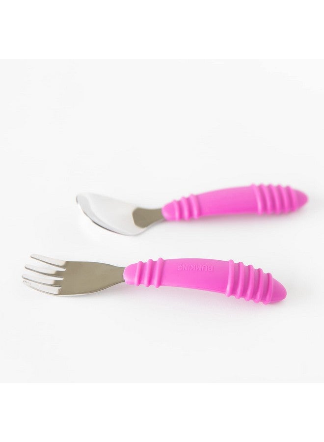 Toddler Utensils Kids Size Fork And Spoon Set Silicone And Stainless Steel Training Silverware Angled Forks Sporks For Self Feeding Children Hold Learning To Eat 18 Months Up Fuchsia