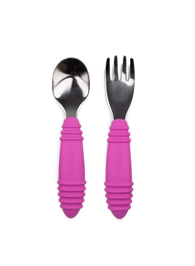 Toddler Utensils Kids Size Fork And Spoon Set Silicone And Stainless Steel Training Silverware Angled Forks Sporks For Self Feeding Children Hold Learning To Eat 18 Months Up Fuchsia