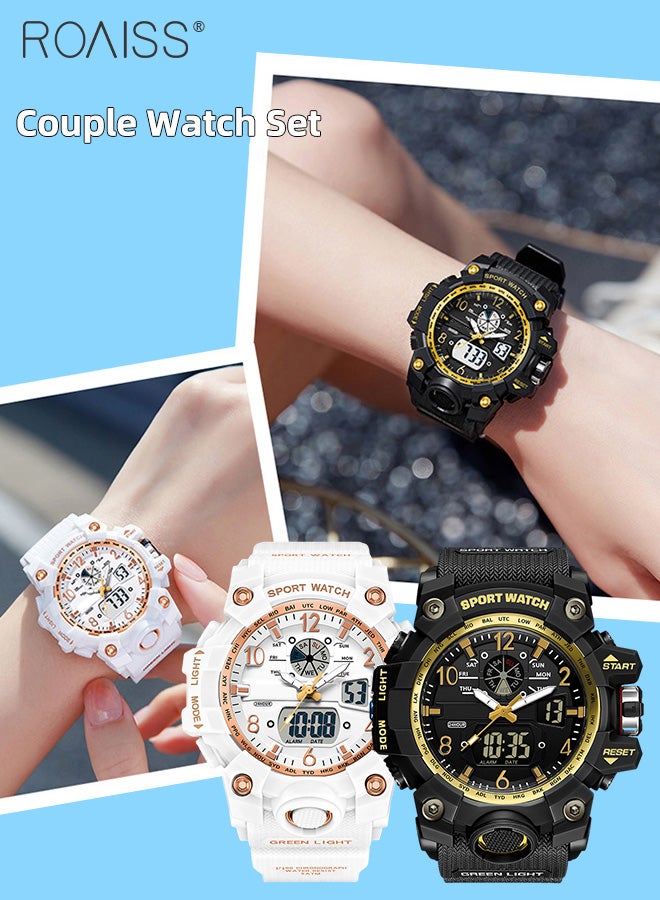 Analog Digital Dual Display Sports Couple Watch Set Multifunctional 50M Waterproof Luminous TPU Strap Electronic Quartz Wristwatch with Alarm Stopwatch 12H/24H for Outdoor Activities