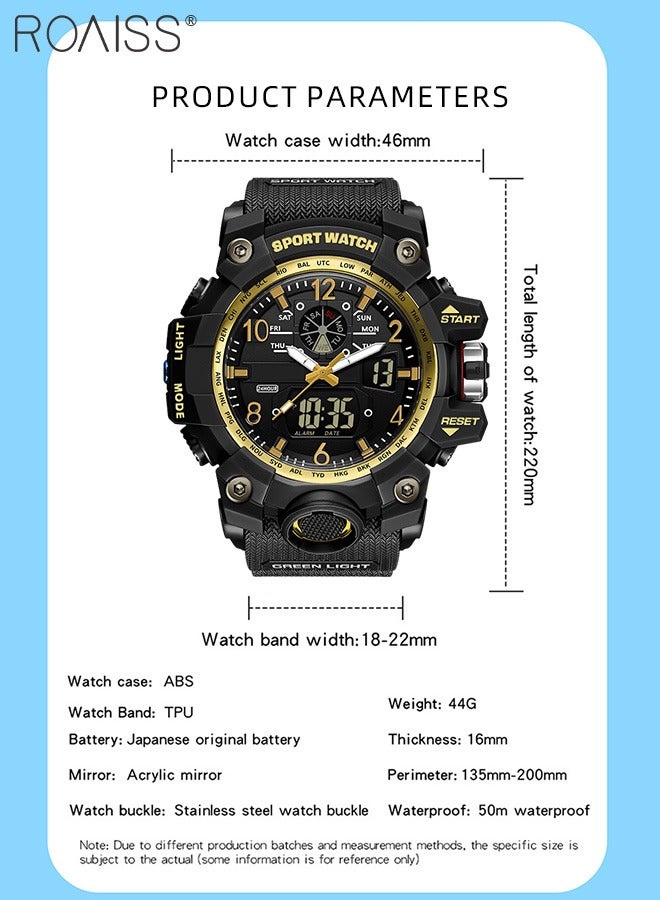 Analog Digital Dual Display Sports Couple Watch Set Multifunctional 50M Waterproof Luminous TPU Strap Electronic Quartz Wristwatch with Alarm Stopwatch 12H/24H for Outdoor Activities