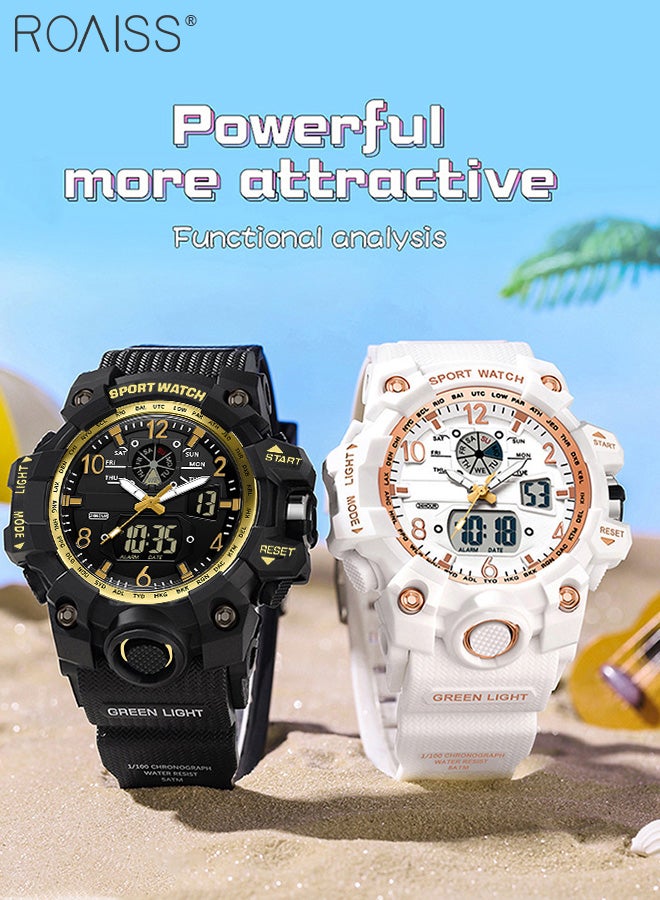 Analog Digital Dual Display Sports Couple Watch Set Multifunctional 50M Waterproof Luminous TPU Strap Electronic Quartz Wristwatch with Alarm Stopwatch 12H/24H for Outdoor Activities