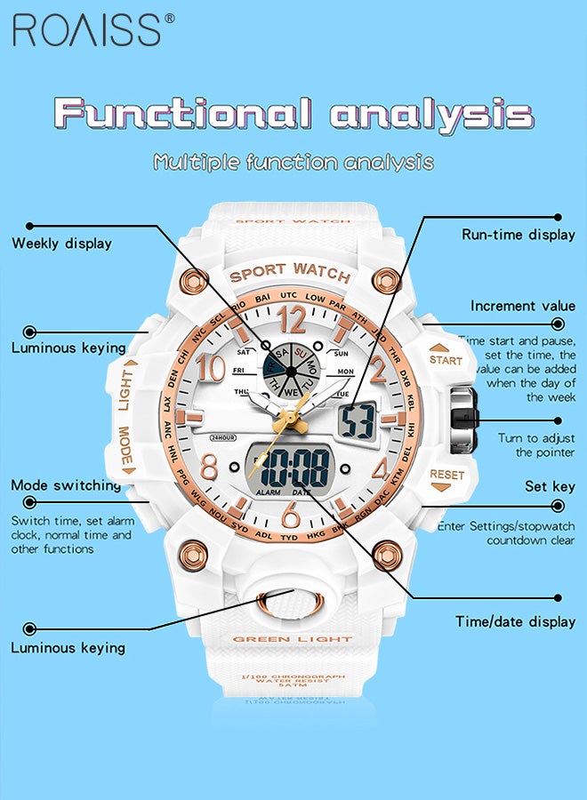 Analog Digital Dual Display Sports Couple Watch Set Multifunctional 50M Waterproof Luminous TPU Strap Electronic Quartz Wristwatch with Alarm Stopwatch 12H/24H for Outdoor Activities