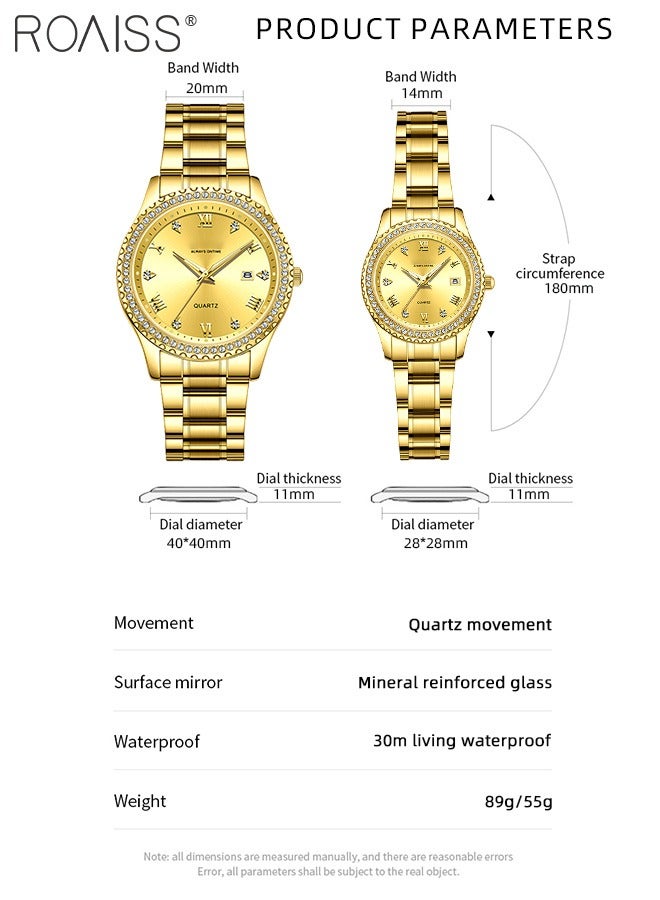 Stainless Steel Strap Couple Quartz Watch Set, Analog Display Round Dial with Rhinestones Decoration, Luxurious Luminous Waterproof Calendar Watch Gift for Men Women