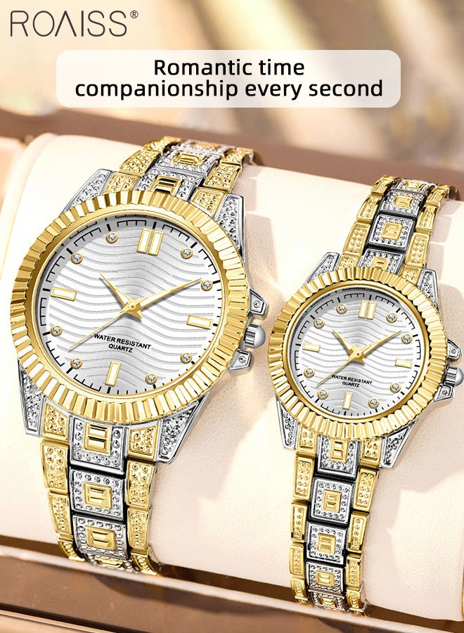 Stainless Steel Strap Couple Quartz Watch Set, Analog Display Round Dial with Rhinestones Decoration, Luxurious Luminous Waterproof Calendar Watch Gift for Men Women