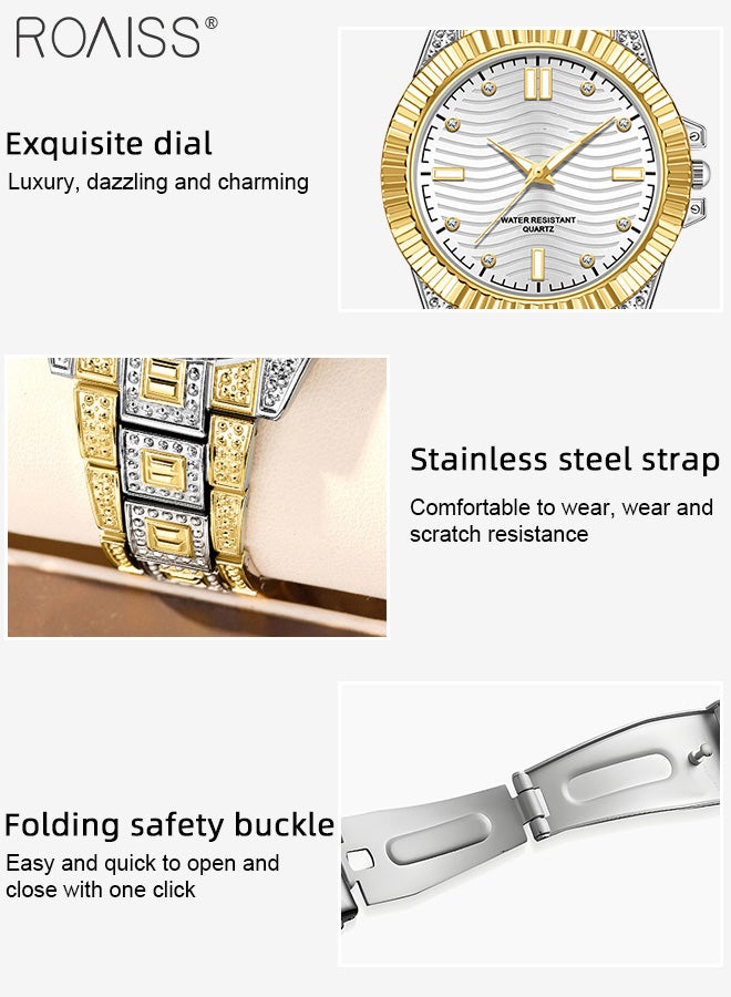 Stainless Steel Strap Couple Quartz Watch Set, Analog Display Round Dial with Rhinestones Decoration, Luxurious Luminous Waterproof Calendar Watch Gift for Men Women