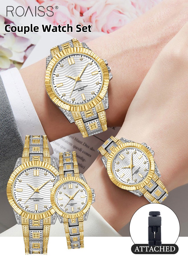 Stainless Steel Strap Couple Quartz Watch Set, Analog Display Round Dial with Rhinestones Decoration, Luxurious Luminous Waterproof Calendar Watch Gift for Men Women