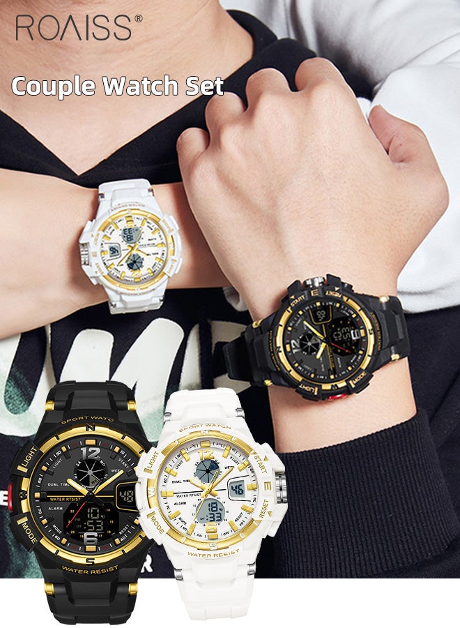 Analog Digital Dual Display Sports Couple Watch Set Multifunctional 50M Waterproof Luminous TPU Strap Electronic Quartz Wristwatch with Alarm Stopwatch for Outdoor Activities