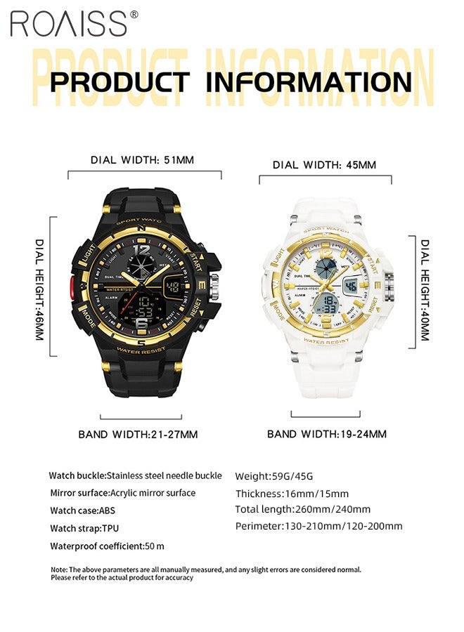 Analog Digital Dual Display Sports Couple Watch Set Multifunctional 50M Waterproof Luminous TPU Strap Electronic Quartz Wristwatch with Alarm Stopwatch for Outdoor Activities