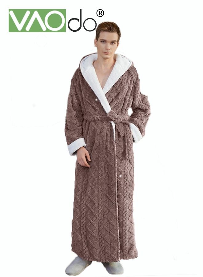 Men's Coral Fleece Bathrobe Skin-friendly Breathable Simple Nightgown Hooded Home Clothes Brown