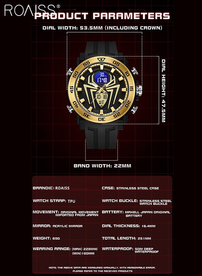 Analog Digital Dual Display Sports Watches for Men Multifunctional 50M Waterproof Luminous TPU Strap Electronic Quartz Wristwatch with Alarm Stopwatch 12H/24H for Outdoor Activities