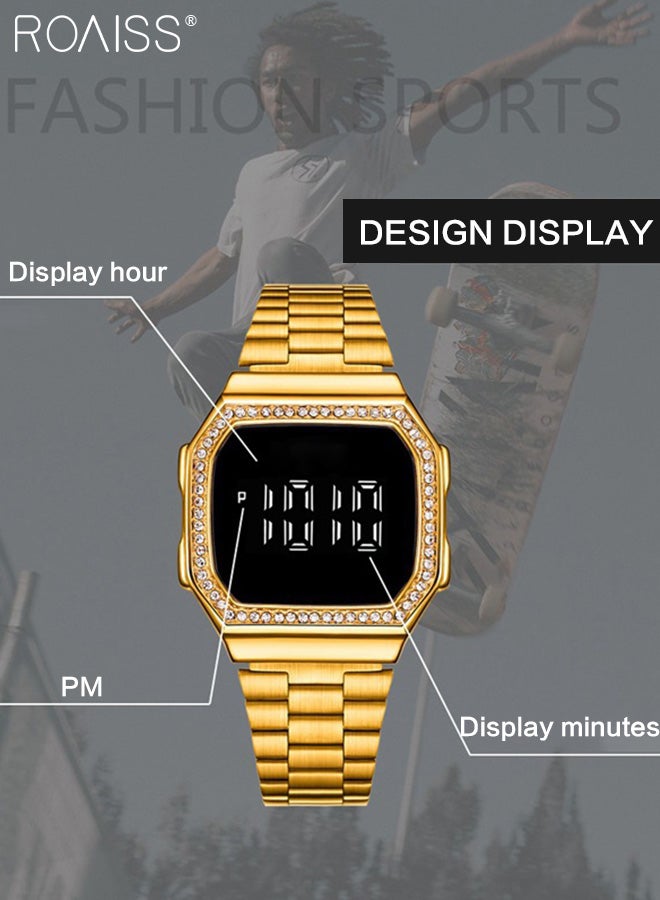 Men's Digital Watch Rhinestone Watch with Stainless Steel Strap LED Touchscreen Watch for Men Waterproof Luminous Luxurious Wristwatch as Gift for Men