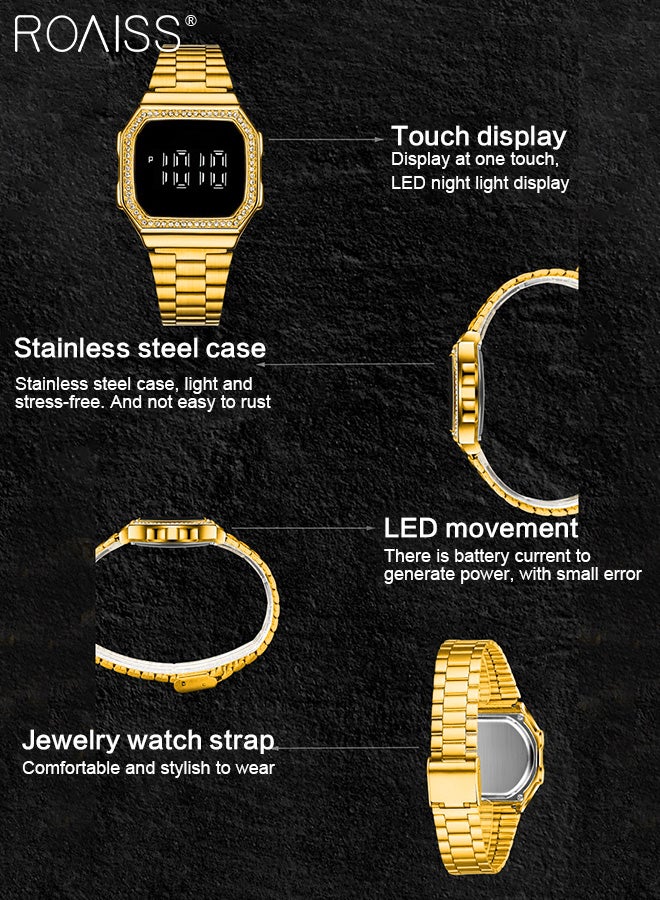 Men's Digital Watch Rhinestone Watch with Stainless Steel Strap LED Touchscreen Watch for Men Waterproof Luminous Luxurious Wristwatch as Gift for Men