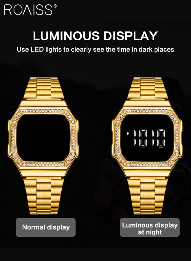 Men's Digital Watch Rhinestone Watch with Stainless Steel Strap LED Touchscreen Watch for Men Waterproof Luminous Luxurious Wristwatch as Gift for Men