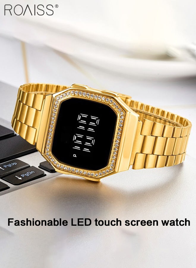 Men's Digital Watch Rhinestone Watch with Stainless Steel Strap LED Touchscreen Watch for Men Waterproof Luminous Luxurious Wristwatch as Gift for Men