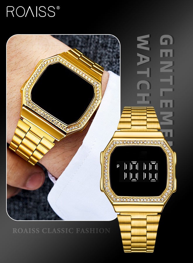 Men's Digital Watch Rhinestone Watch with Stainless Steel Strap LED Touchscreen Watch for Men Waterproof Luminous Luxurious Wristwatch as Gift for Men