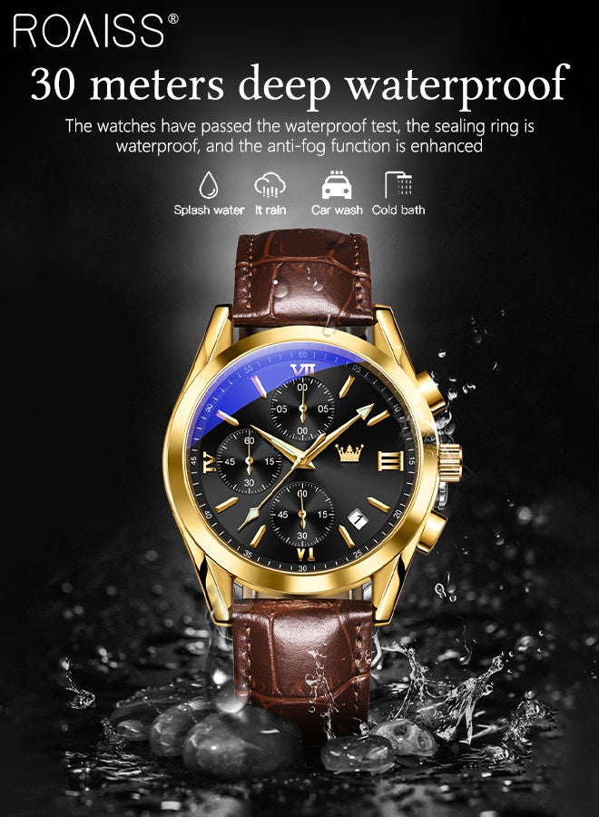Men's Leather Strap Chronograph Quartz Watch Round Black Dial with Gold Bezel Waterproof Luminous Wristwatch as Gift for Men