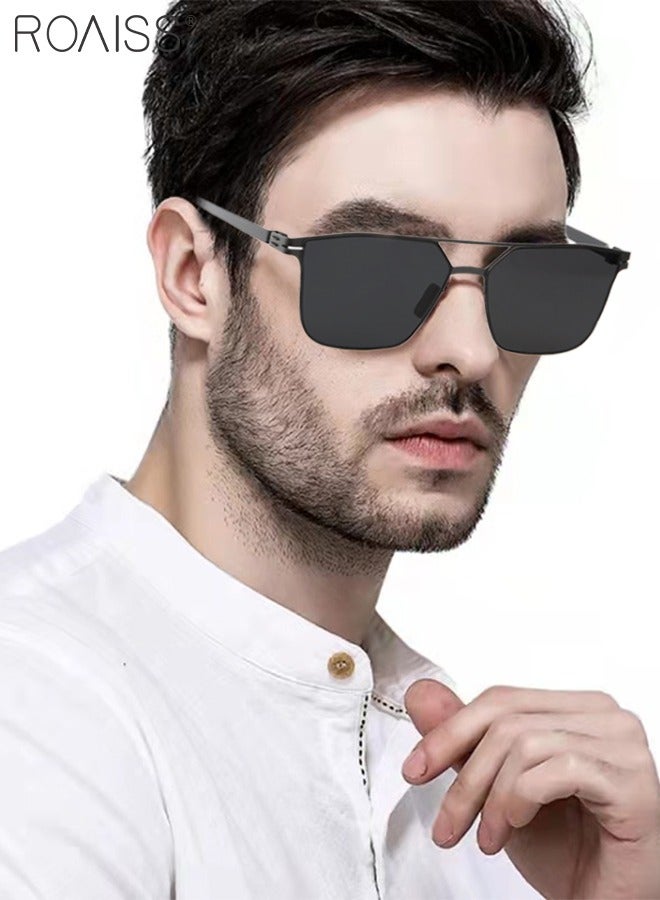 Men's Square Sunglasses, UV400 Protection Sun Glasses with Ultralight Metal Frame and Titanium Temple, Fashion Anti-Glare Sun Shades for Men Driving, Fishing, Traveling, Black