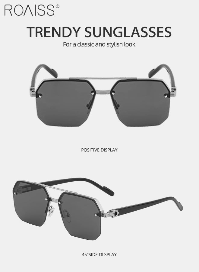 Square Semi-Rimless Sunglasses for Men Women, UV400 Protection Trendy Anti-Glare Classic Sun Shades with Glasses Case for Shopping Party Travel 60mm, with Grey Lens