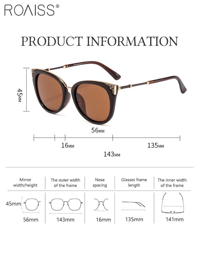 Women's Polarized Cat Eye Sunglasses, UV400 Protection Sun Glasses with Brown Frame Decorated with Stars Pattern, Fashion Anti-glare Sun Shades for Women with Glasses Case, 56mm