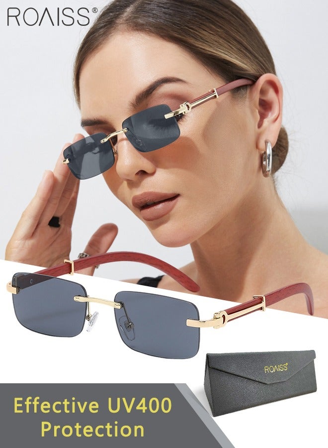 Women's Rectangular Rimless Sunglasses, UV400 Protection Sun Glasses with Wooden Texture Temples and Grey Lens, Fashion Anti-glare Sun Shades for Women with Glasses Case, 53mm