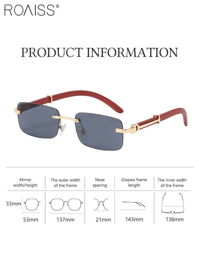 Women's Rectangular Rimless Sunglasses, UV400 Protection Sun Glasses with Wooden Texture Temples and Grey Lens, Fashion Anti-glare Sun Shades for Women with Glasses Case, 53mm