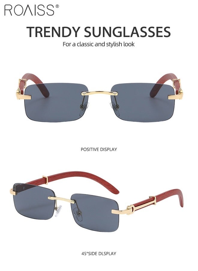 Women's Rectangular Rimless Sunglasses, UV400 Protection Sun Glasses with Wooden Texture Temples and Grey Lens, Fashion Anti-glare Sun Shades for Women with Glasses Case, 53mm