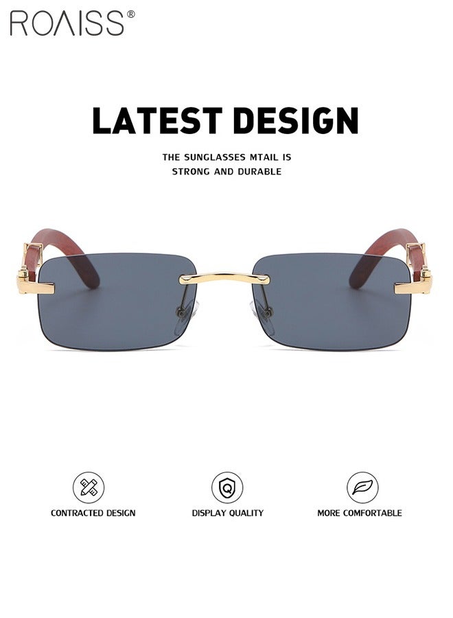 Women's Rectangular Rimless Sunglasses, UV400 Protection Sun Glasses with Wooden Texture Temples and Grey Lens, Fashion Anti-glare Sun Shades for Women with Glasses Case, 53mm