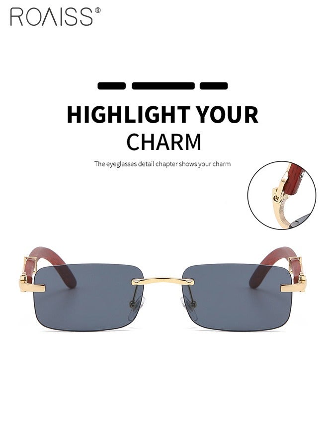 Women's Rectangular Rimless Sunglasses, UV400 Protection Sun Glasses with Wooden Texture Temples and Grey Lens, Fashion Anti-glare Sun Shades for Women with Glasses Case, 53mm